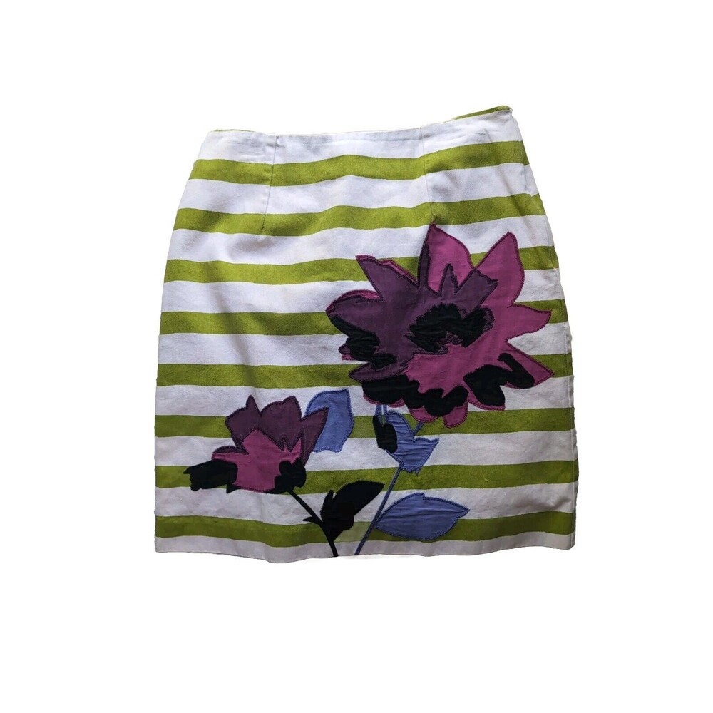 Boden Women's 4R Green White Floral Applique Striped Skirt Above Knee Cotton - Picture 1 of 10